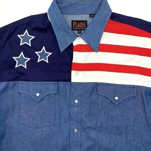 Plains Western Wear Shirt Mens XL Blue Patriotic American Flag Stars Snaps Denim